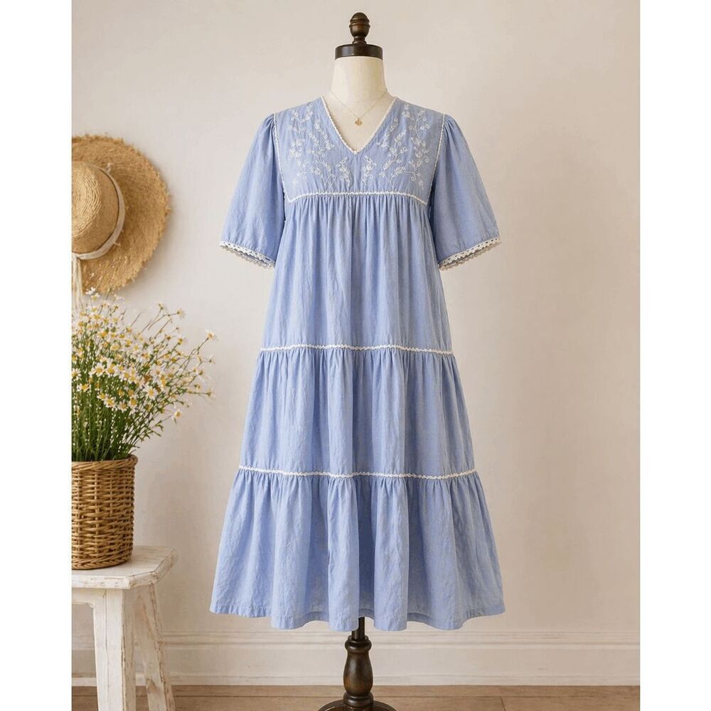 VTG Cotton Prairie Dress Embroidered Yoke Crochet Lace Pockets Midi L